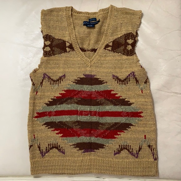 Ralph Lauren Sweaters - Ralph Lauren Tan Southwestern V-Neck Knit Vest with Red & Olive Motif